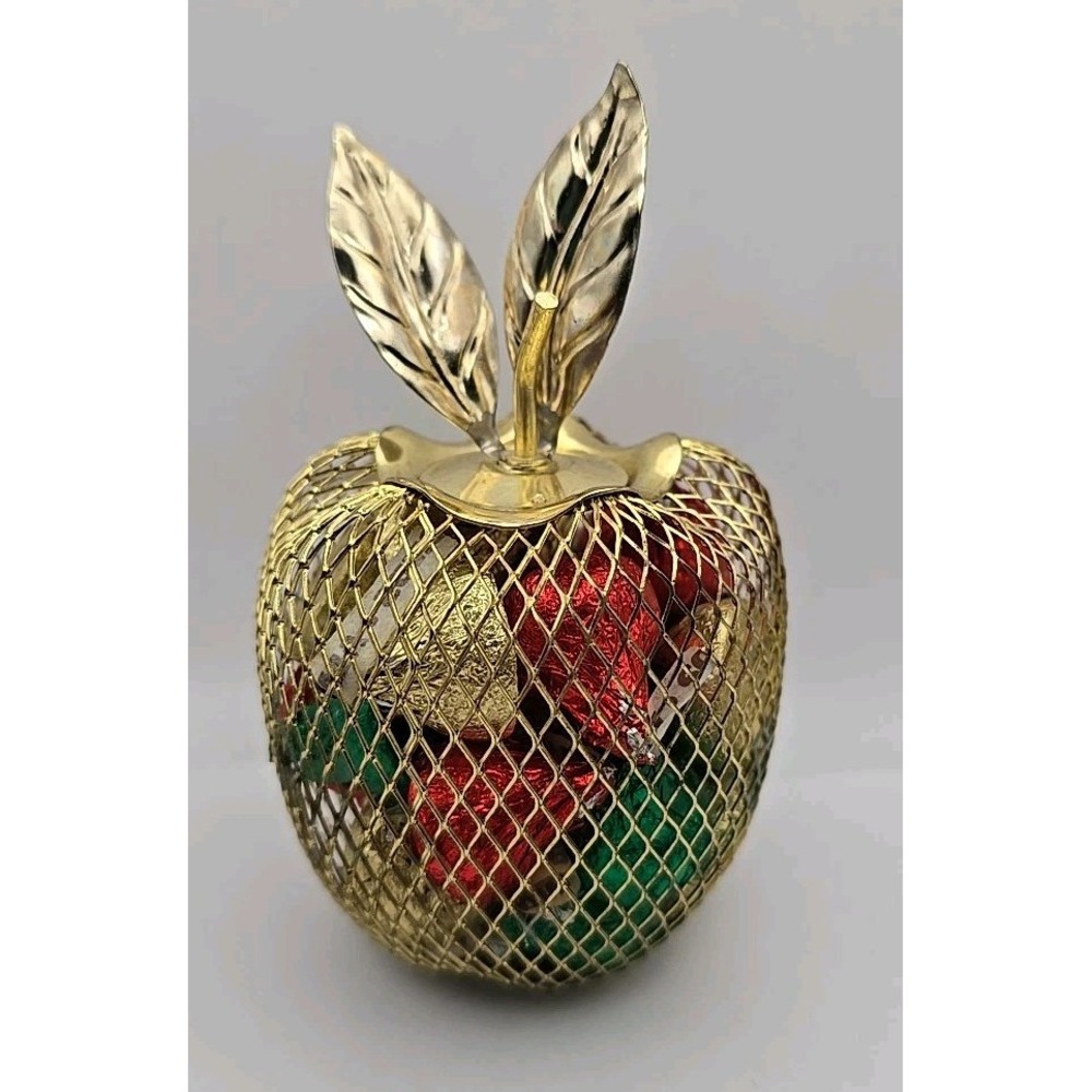 VINTAGE Brass Gold Mesh Apple‎ Potpourri Christmas Ornament Candy Holder 5 in